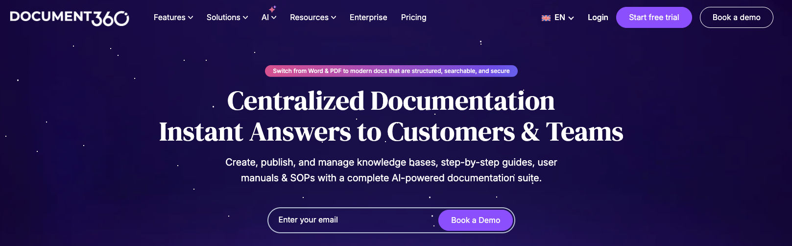 Document360 homepage describing centralized documentation and an AI-powered knowledge base suite