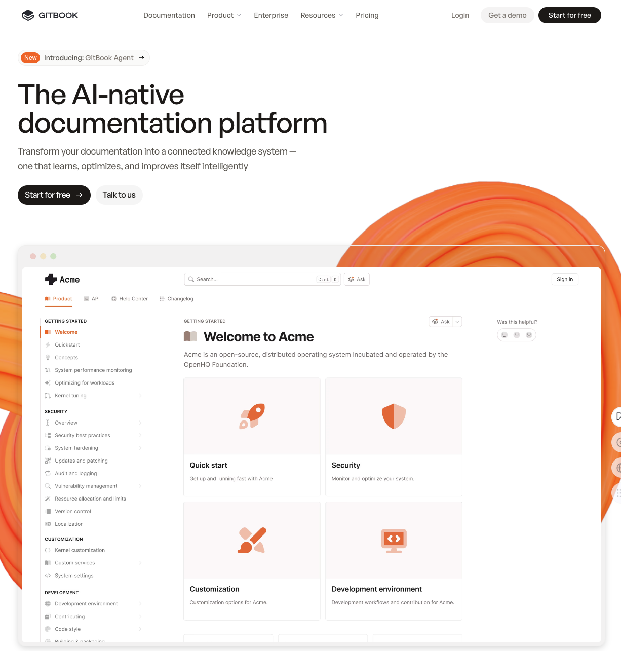 GitBook homepage showing a published documentation site with a sidebar, search, and Ask AI button