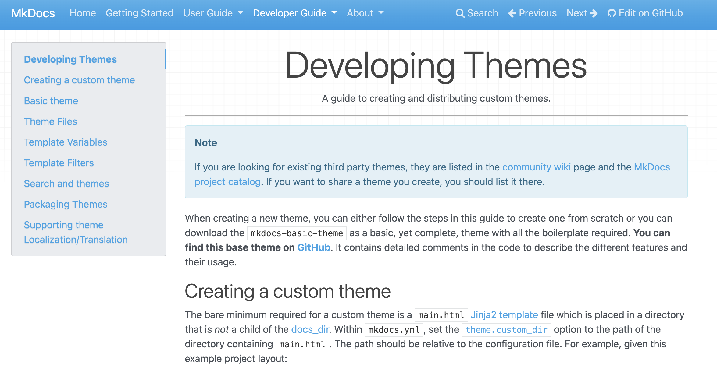 MkDocs documentation site showing the Developing Themes page with sidebar navigation and built-in search