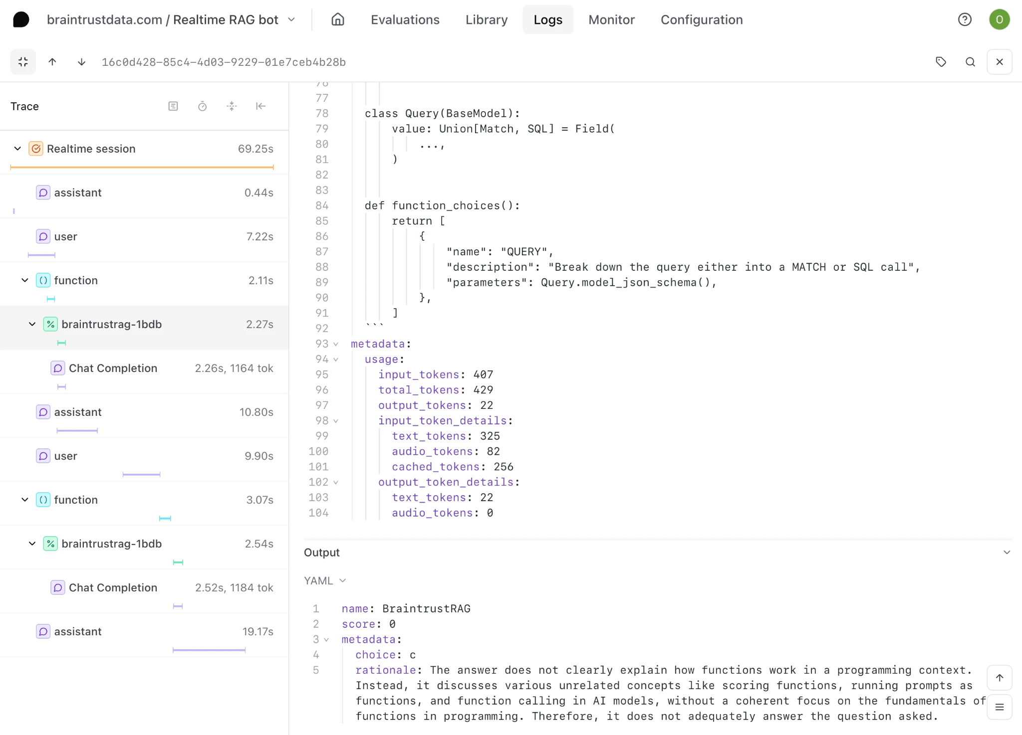 Production agent trace in Braintrust logs with tool call spans and an online score attached